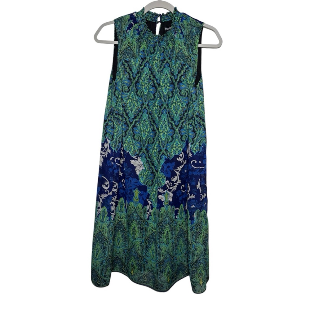 Roz & Ali Abstract Blue Green Dress Artsy Boho Resort Chic Midi -Large
